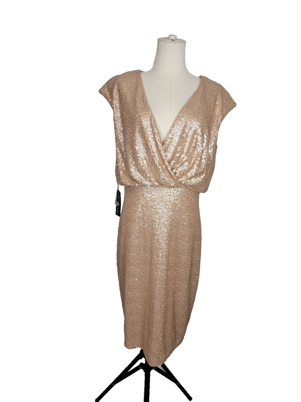 Tadashi Shoji Champagne Sequin V-Neck Sheath Midi Dress L Zip BKB19446M